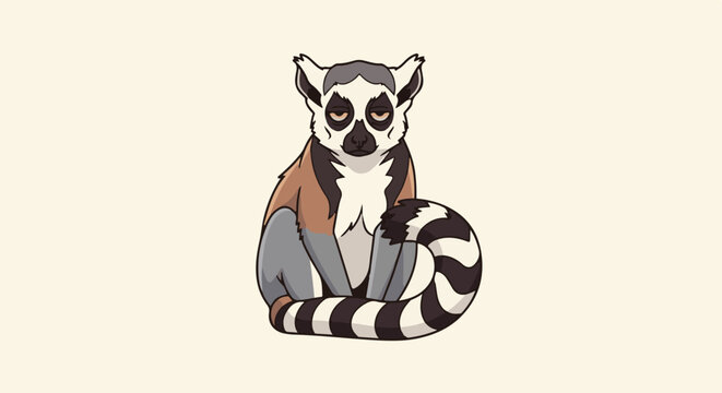 A pixelated cartoon ring-tailed lemur sits with its bushy striped tail curled