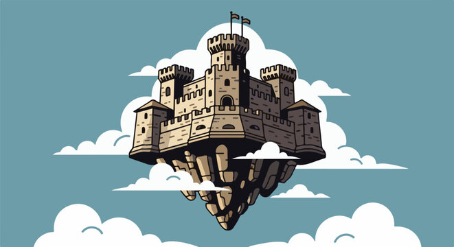 A pixelated fantasy castle floats mysteriously among soft clouds in a blue sky