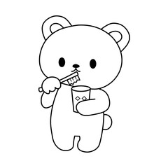 Obraz premium かわいいクマさんの歯磨きぬりえ 線画 生活習慣 虫歯予防 イラスト 単体
