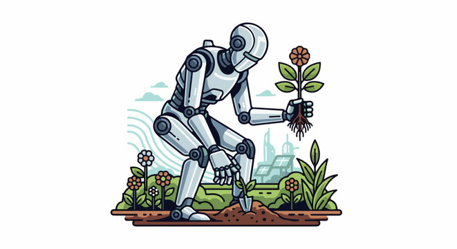A robot plants a flower in a garden with buildings in the background