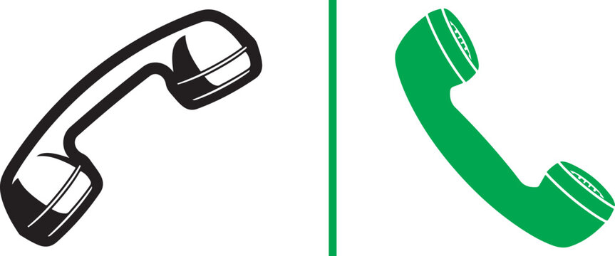 Vintage telephone handset vector illustrations in black outline and solid emerald green. Retro landline phone receiver icons for contact, support, and classic communication design projects.
