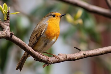Obraz premium European robin bird perched on a tree branch observing its surroundings in daylight
