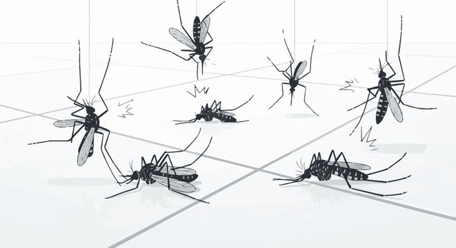 A sketchy group of mosquitoes in various poses and interactions on a tiled surface
