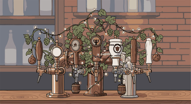 A row of ornate beer taps adorned with hops, lights, and ornaments on a wooden bar