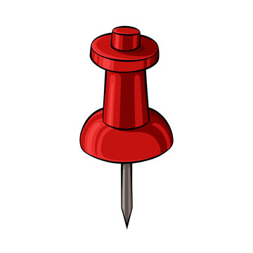 Red push pin vector illustration 3d office map tack stationery icon isolated on black background for business and organization