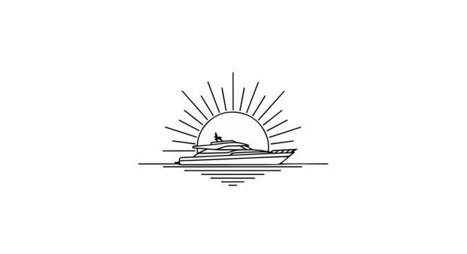 A sleek motor yacht cruises on calm waters under a bright, stylized sun
