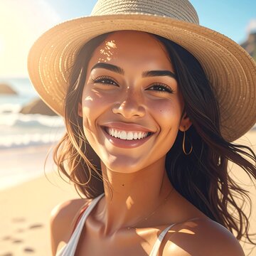 A woman in a sunhat smiles on a sunny beach