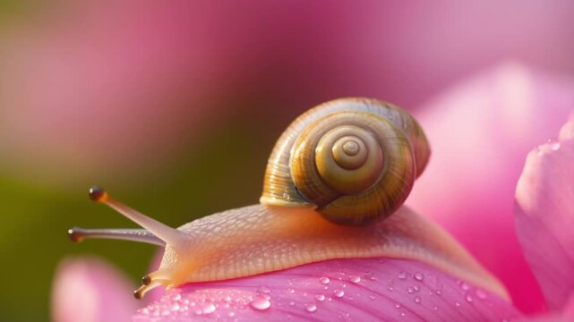 Macro shot of a snail on a dewy peony petal in golden light, elegant and meditative atmosphere for luxury beauty and slow living brands
