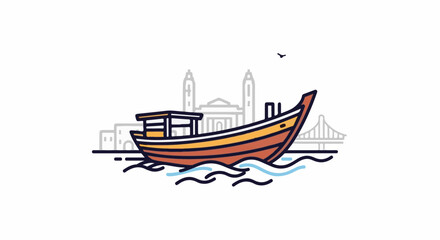 Naklejka premium A stylized boat floats on stylized water with city landmarks in background