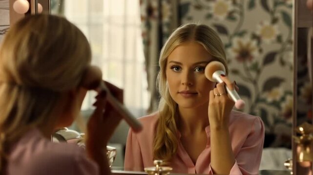 Woman Applying Makeup in Mirror.