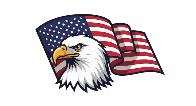 A stylized eagle head in profile faces left, superimposed on a waving American flag