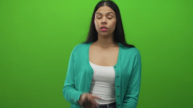 Young latin woman in teal cardigan and white tank top finger to lips for silence in green studio; serenity.