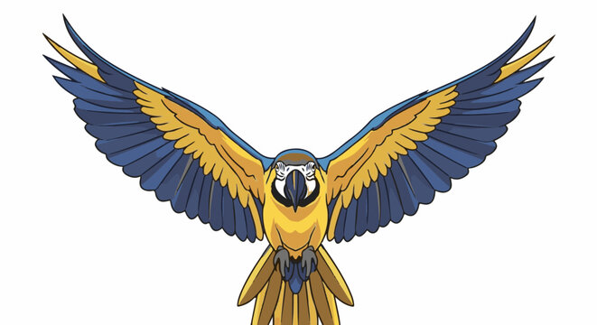 A vibrant blue and yellow parrot with outstretched wings in mid-flight