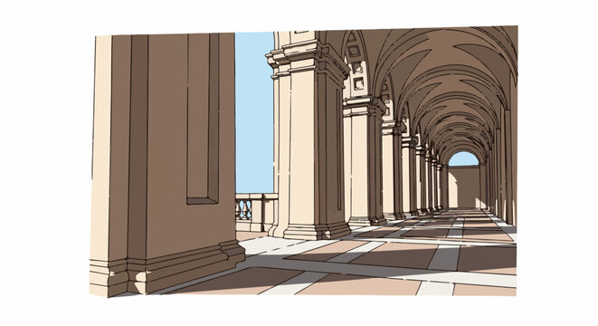 A sunlit, arched corridor lined with classical columns and a checkered floor
