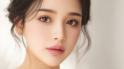 Fototapeta premium Beautiful Asian Woman with Flawless Skin and Delicate Makeup Close Up Portrait, Ideal for Beauty and Cosmetics Advertising
