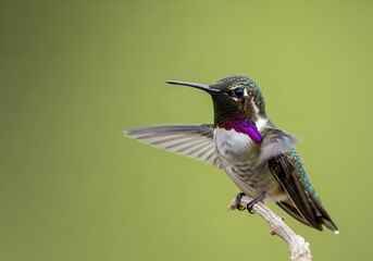 Naklejka premium Colorful Hummingbird with Iridescent Plumage Perched on Twig Against Green Background