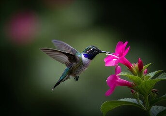 Naklejka premium Iridescent Hummingbird Hovering Near Vibrant Pink Tropical Flower Collecting Nectar in Nature