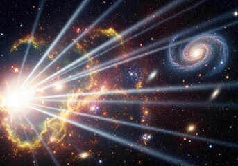Naklejka premium Cosmic explosion illuminating distant galaxies and nebulae against the vastness of space