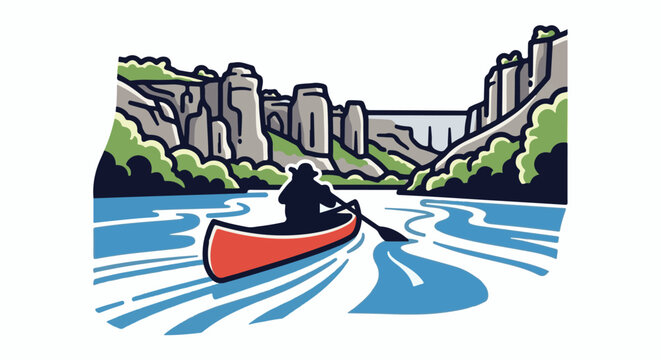 A silhouette paddles a red canoe down a blue river between steep, rocky cliffs
