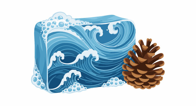 A stylized ice block with crashing waves and foam next to a pine cone