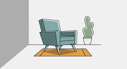 Fototapeta premium A stylized illustration of a blue armchair on a yellow rug with a potted plant