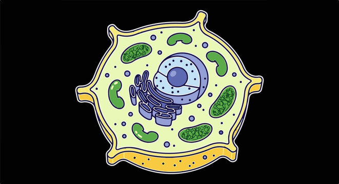 A stylized illustration of a biological cell with nucleus, mitochondria, and endoplasmic reticulum