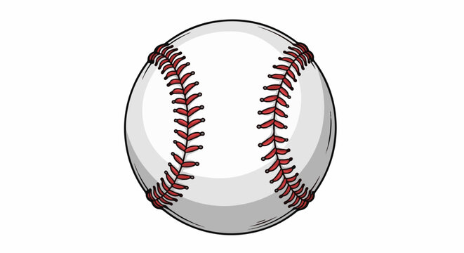 A white baseball with red stitching and a black outline on a white background