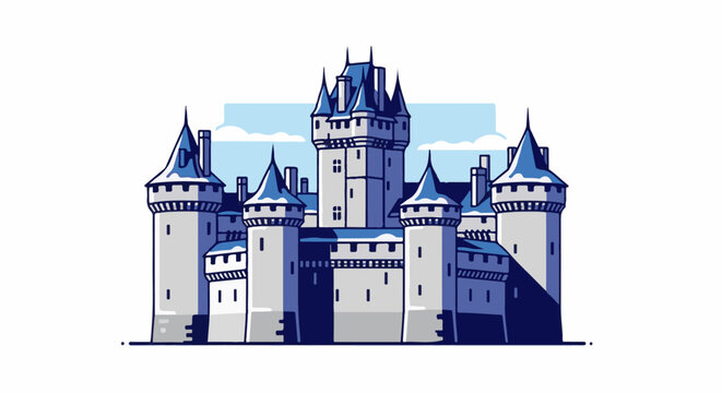 A stylized illustration of a fairytale castle with pointed blue roofs and snow