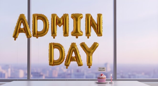 Administrative Professionals Day celebration with gold foil balloons and cupcake in office