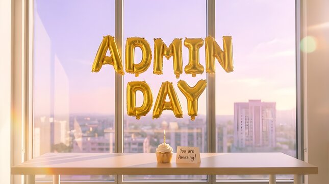 Admin Day greeting with gold balloons and cupcake on office desk at sunset