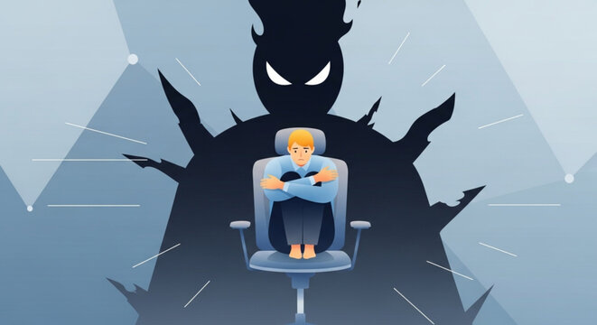 A man sitting in an office chair looking small and afraid while a large, dark monster-like shadow looms behind him, representing inner fears or depression.