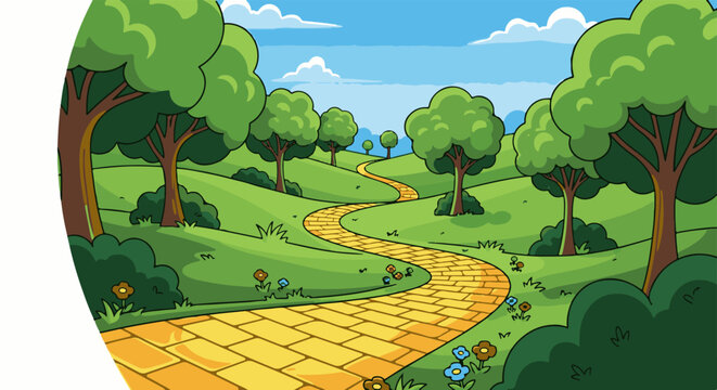 A vibrant, cartoon-style yellow brick road winds through a lush green landscape