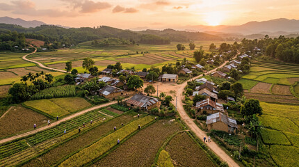 Obraz premium Aerial Drone Shot of Rural Village Surrounded by Green Agricultural Fields at Golden Hour