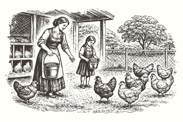 Charming vintage engraving vector illustration of a woman and child feeding chickens and roosters in a traditional wooden chicken coop or farmyard. © Chairul