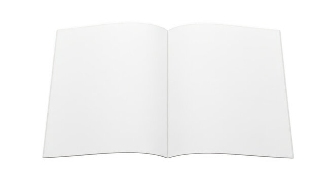 A high angle perspective view of an open blank brochure showing two empty white paper pages spread isolated on transparent background,png