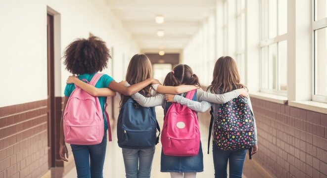 Four young girls walking together in a school hallway with arms around each other