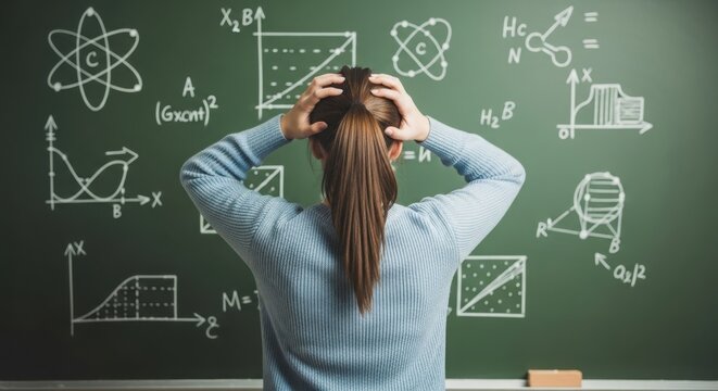 A woman pondering complex physics equations on a chalkboard