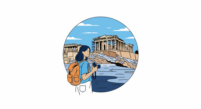 A tourist with a backpack and camera captures the ancient Acropolis on a sunny day