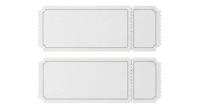Two blank paper tickets with perforated edges and a rectangular border for event admission use isolated on transparent background,png