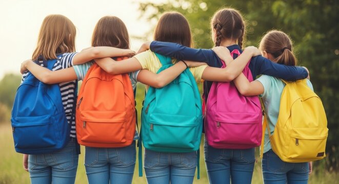 Five young girls with colorful backpacks standing together in a field