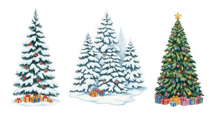 Obraz premium Illustration of three christmas trees decorated with ornaments and presents isolated on transparent background