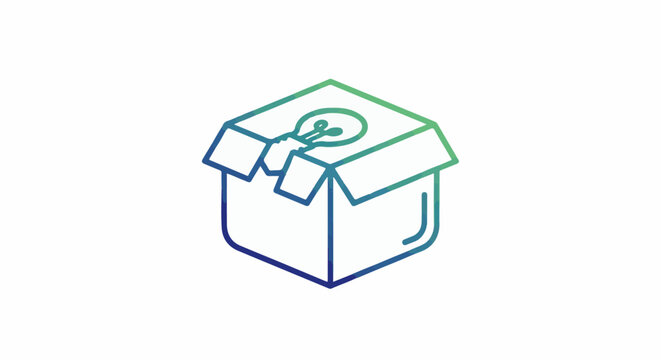 A stylized open cardboard box with an illuminated lightbulb emerging from within