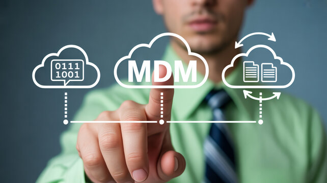 Professional man touches MDM cloud icon on a digital interface representing Master Data Management and efficient information flow in a modern business