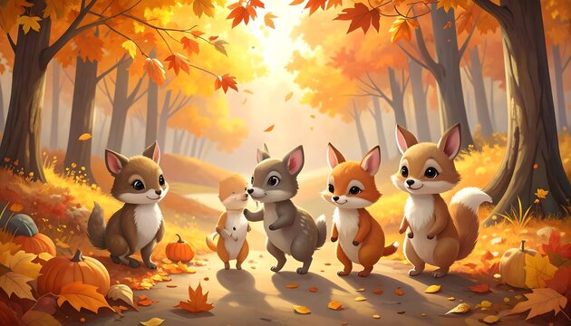 Autumnal Gathering - Adorable Animals in a Forest of Fall Colors.