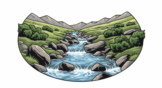 A vibrant illustration depicts a serene mountain stream flowing through a rocky, green landscape
