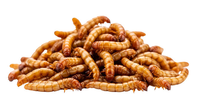 mealworms larvae insects animal feed edible insects piled on a white background offering high protein for sustainable consumption or pet food.