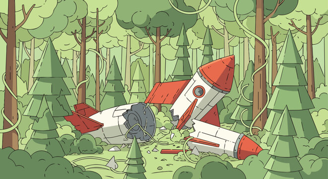 a rocket crash featuring a crashed spaceship wreckage in a lush green forest depicted in a cartoon illustration.