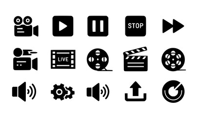 Video production solid icon set media player camera play pause cinema symbols for web and mobile app design © Md