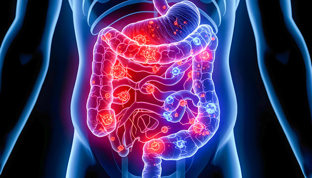 Intestinal Immune Battle Concept, Harmful Bacteria vs Immune Cells, Gut Health Medical Illustration, Realistic Anatomy 8K No Face Poster