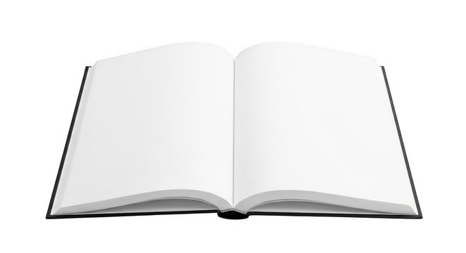 A wide angle view of an open hardcover book with blank white pages waiting for new written content isolated on transparent background,png